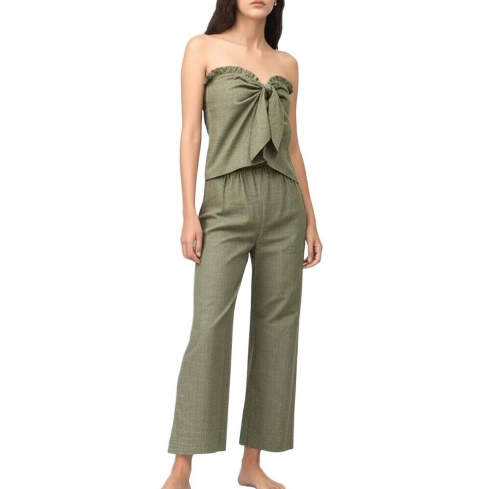SHEIN Olive Green Strapless Peplum Tie Front Ruffle Boho Style Top Womens Large‎